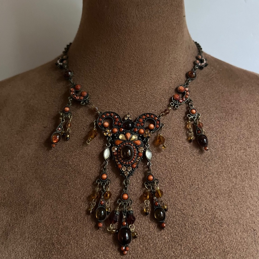 Vintage Style Whimsigoth Beaded Dangle Statement Necklace Bronze Tone 18"